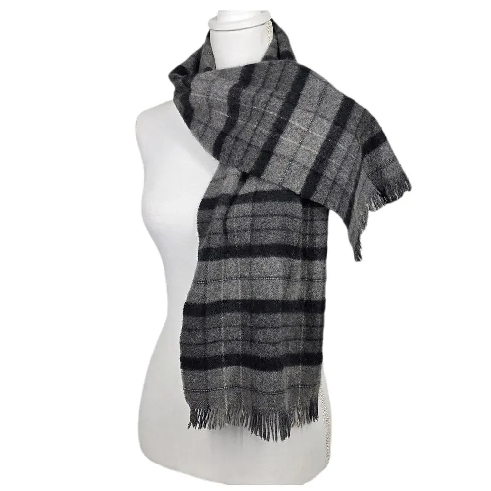 PURE CASHMERE VINTAGE PLAID SCARF GRAY/BLACK – MADE IN WEST GERMANY – 50